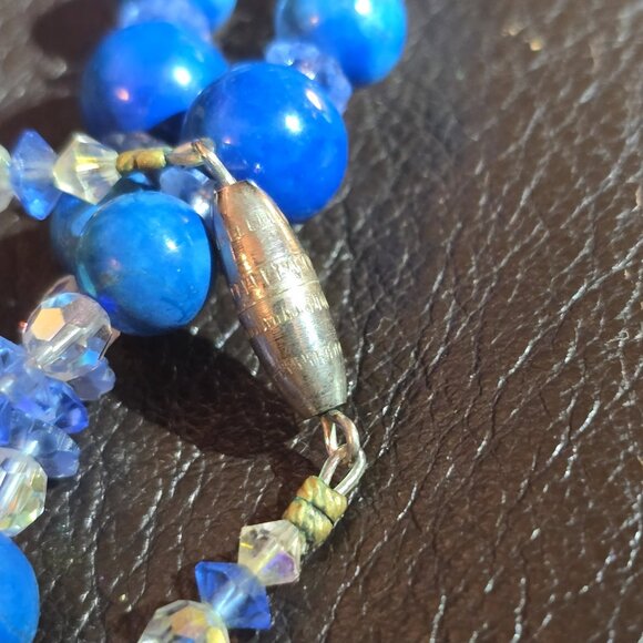 Vintage blue stone & crystal bead necklace (Lapiz lazuli?) - Picture 7 of 8